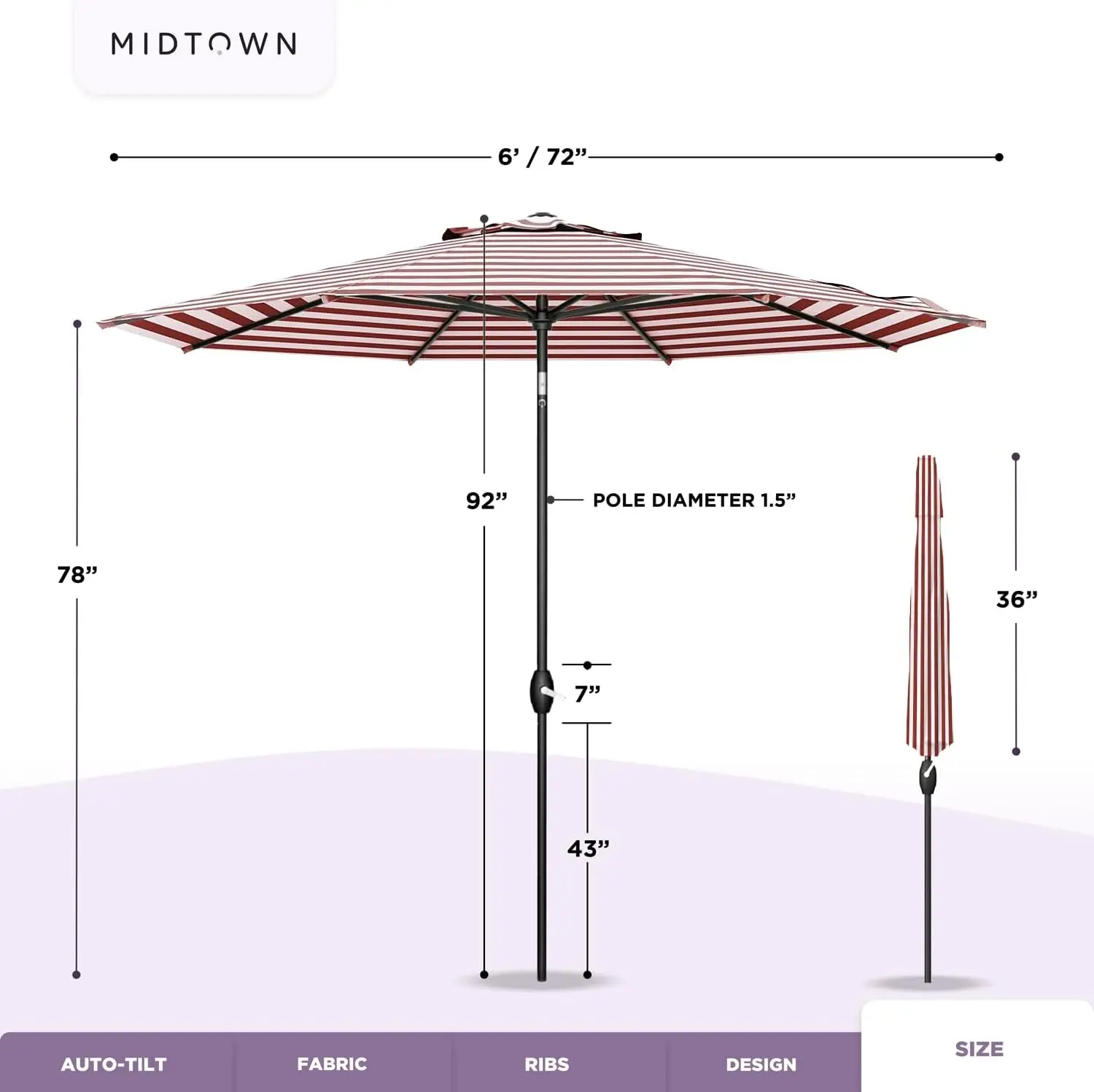 De Magere 6 Voet Buitenparaplu Met Terylast Rode Strepen (Rood/Witte Strepen) Polyester Stof-8 Ribben Aluminium Frame Patio Um