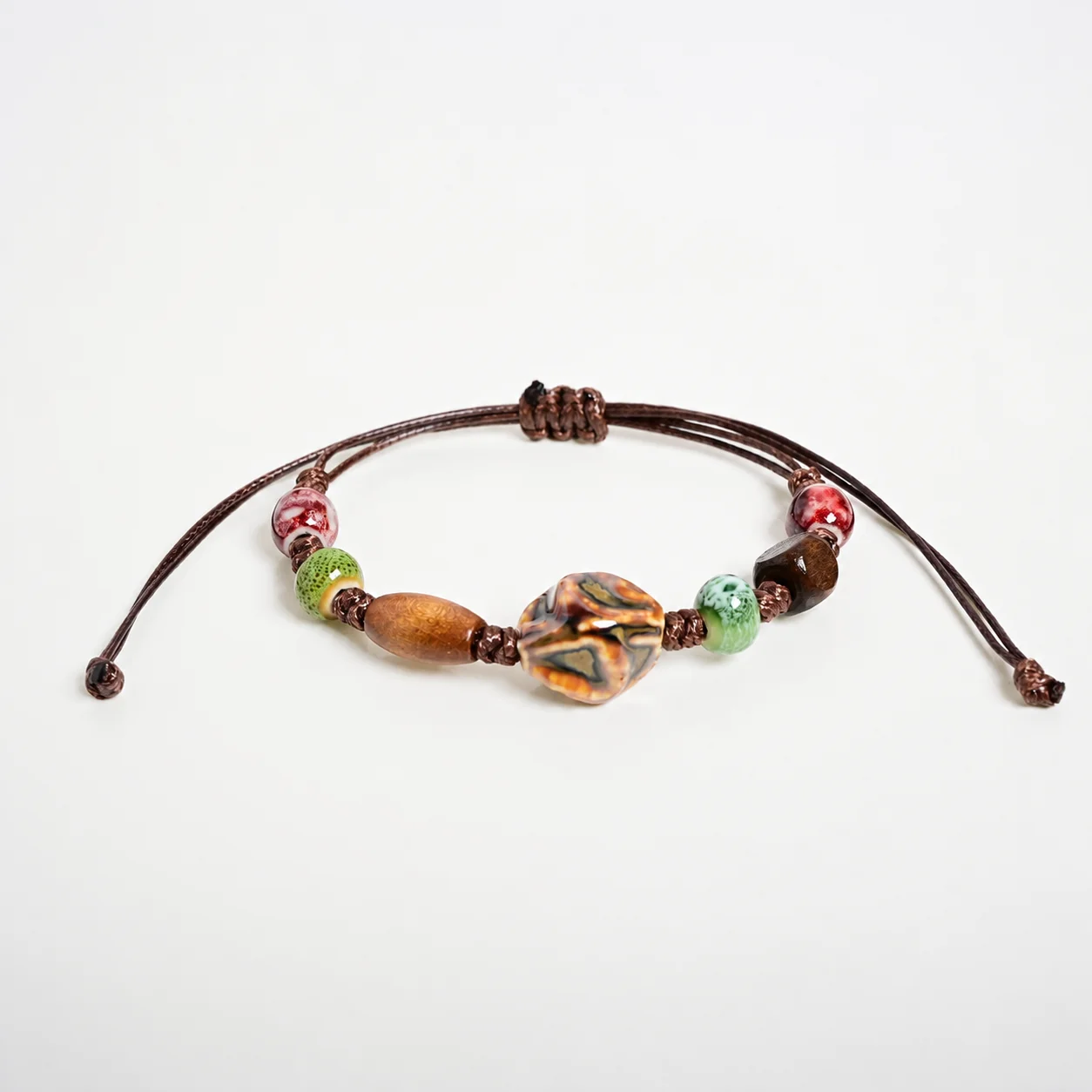 Handmade Ceramic Bracelet with Dark Plum Motif Walnut Bead Handwoven Waxed Cord and Wooden Components Y260714-19