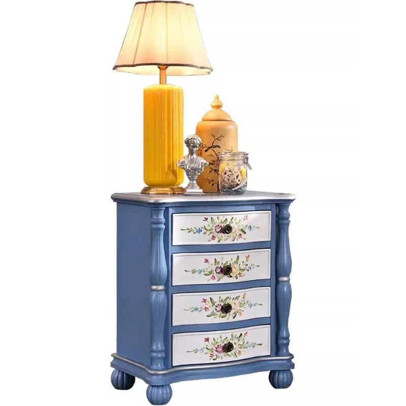 American country bedside table storage cabinet bedside table corner cabinet solid wood four chest cabinet simple blue painted Eu