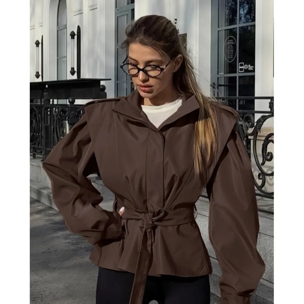 Fashion High Collar Coat Jacket Long Sleeve Waist Tie Outer Wear Relax Fit Peplum Hem Women Outfit Weekend Event