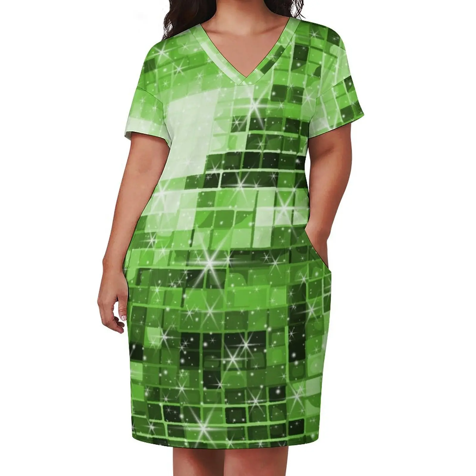 Twinkle Green Disco Ball Pattern Loose Pocket Dress elegant dress woman dress