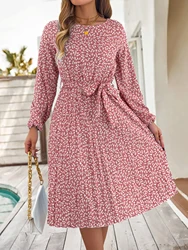 Elegant Floral Print Dress for 2026 Spring Summer Lantern Long Sleeve Waist Tie Pleated Dress Valentine's Day Woman Clothing