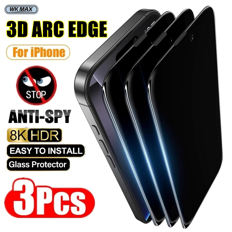 

3Pcs VKMAX Privacy Tempered Glass For iPhone 17 16 15 14 13 12 11 Pro Max Anti-Spy Screen Protectors Dust-proof Arc Edge Glass
