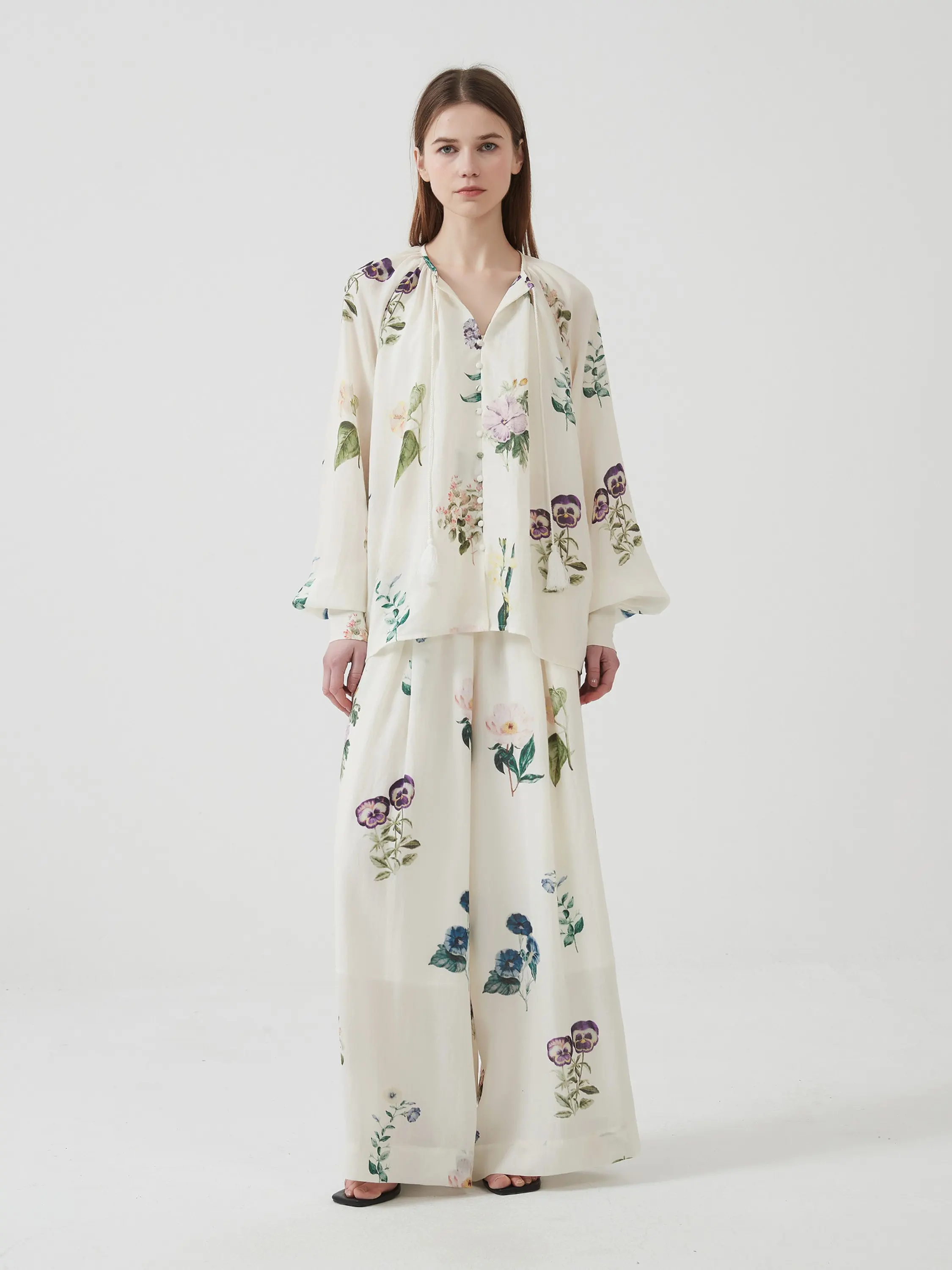 

NOEND Linen Holiday Sle irt orts Dr Position Printing Женский комплект Faion Set V-ne Long Sve Spring Collection