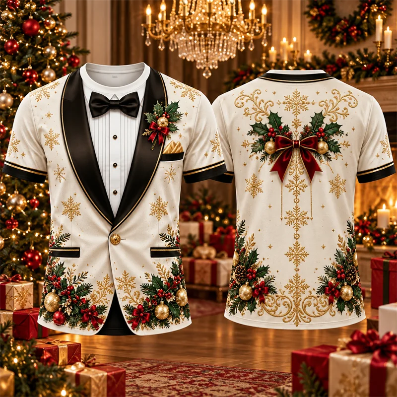 Tartan Plaid Christmas Tuxedo T Shirt for Men Faux Suit Print Red Tie Short Sleeve Crew Neck Holiday Party Costume Graphic Top