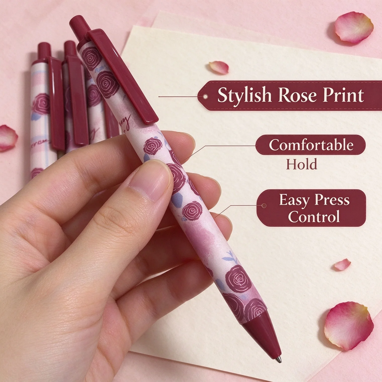 Four telescopic gel ink pens, retro red rose pattern click gel pen, 0.5mm fine pointed black ink, smooth writing pen - school of