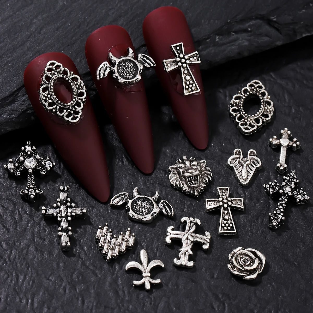 30 retro silver cross and other styles randomly mixed with nail decoration, alloy rhinestone, y2k metal wind DIY nail decoration