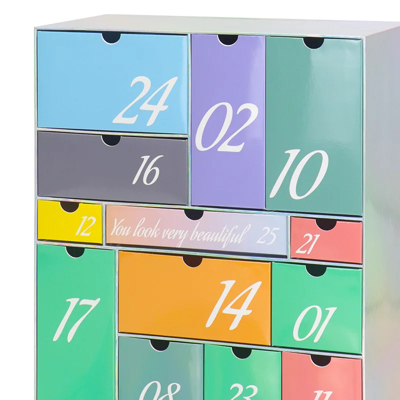 Customized queryLuxury Silver Laser Double Side 25 Days Beauty Advent Calendar Box Packaging With Ribbon