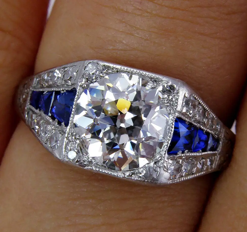 S925 sterling silver ring, new square sapphire round diamond ring, hot-selling platinum hollow princess ring.