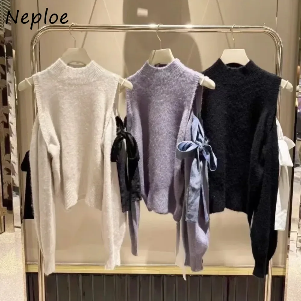 Neploe Gentle Winter Exquisite Half-high Collar Mujer Knit Off Shoulder Bow Lace Up Jumper Japan Sweet High Street Pull Femme