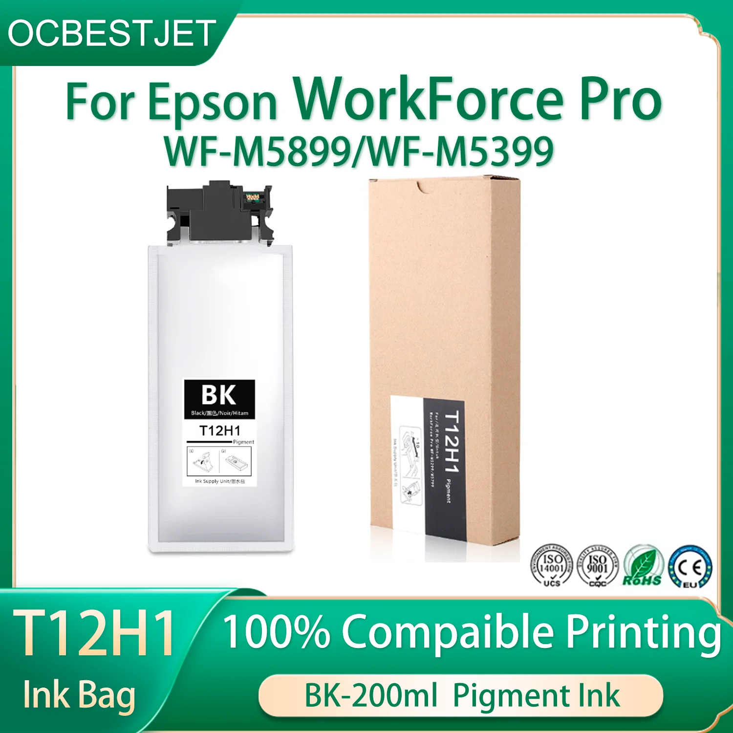 

T12H T12 Ink Bag M5899 M5399 Ink Cartridge With 200ml Pigment Ink One Time Chip For Epson WF-M5899 M5399 Printer North America