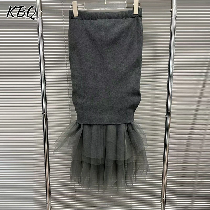 

KBQ Temperament Solid Spliced Mesh Slimming Skirts for Women High Waist Minimalist Chic Design Skirts Female Fashion Winter New
