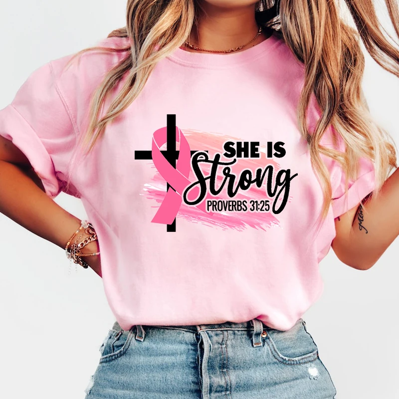 

Fashion Breast Cancer Awareness She Is Strong Printed T-Shirts Retro Style Women Shirt Tee Breast Cancer Awareness