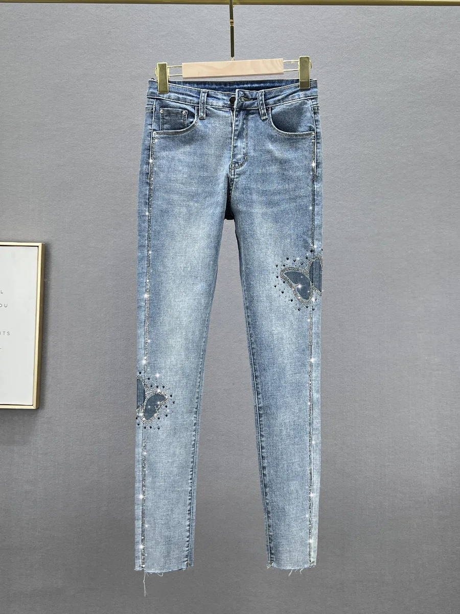 

Модные женские джинсы с высокой талией, облегающие, со стразами, эластичные, весна-лето, новинка, европейский стиль, брюки-карандаш