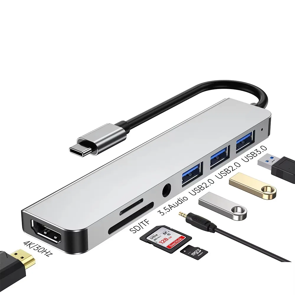 7-in-1 Type-C Hub 4K 30Hz HDMI-Compatible Multiport Dock with USB 3.0/2.0 SD/TF Card Reader 3.5mm Audio Jack for MacBook Laptop