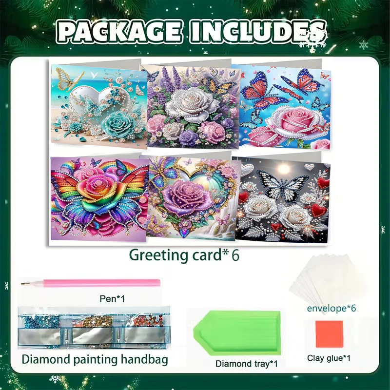 6 Pieces/Kit DIY Diamond Painting Kits Birthday Card Sets, Unique Flower Pattern Design, Sticker Diamond Art Mosaic Postcards, P - view 3