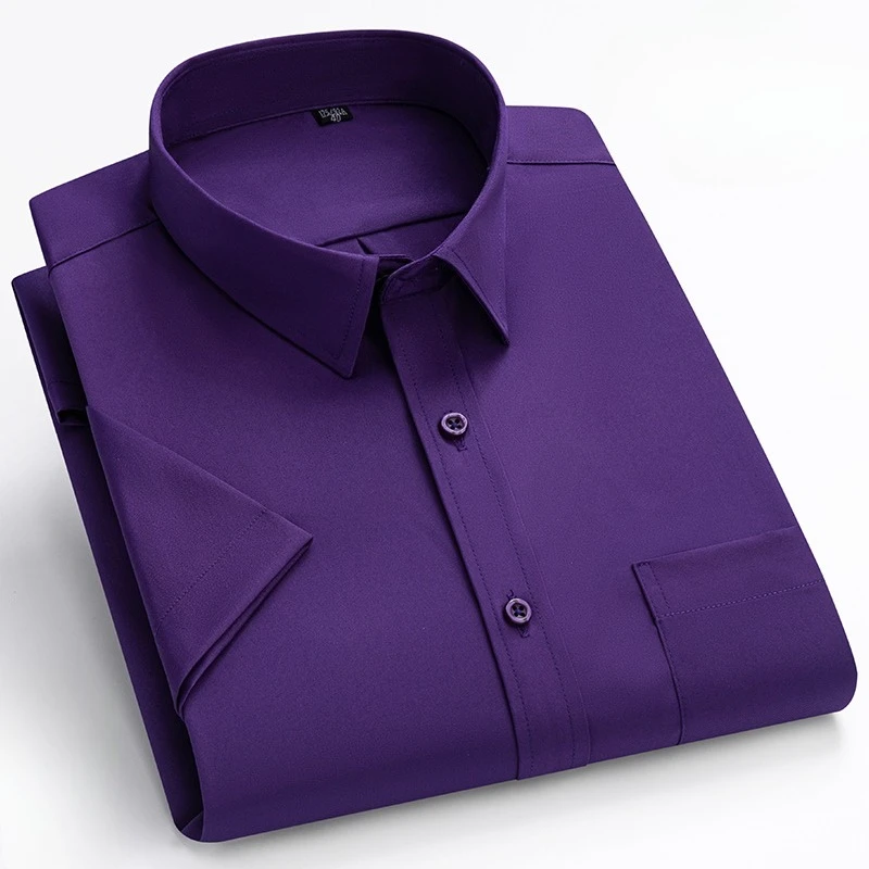 plus size summer elastic thin short sleeve shirts for man slim fit formal plain shirt soft office white tops business clothes