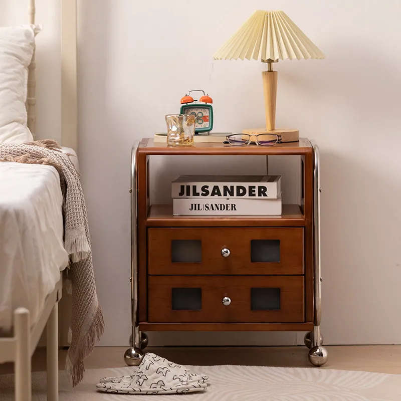 French Retro Solid Wood Treasure Box Bedside Table Stainless Steel Medieval Bedroom Side Cabinet Bauhaus Storage Cabinet