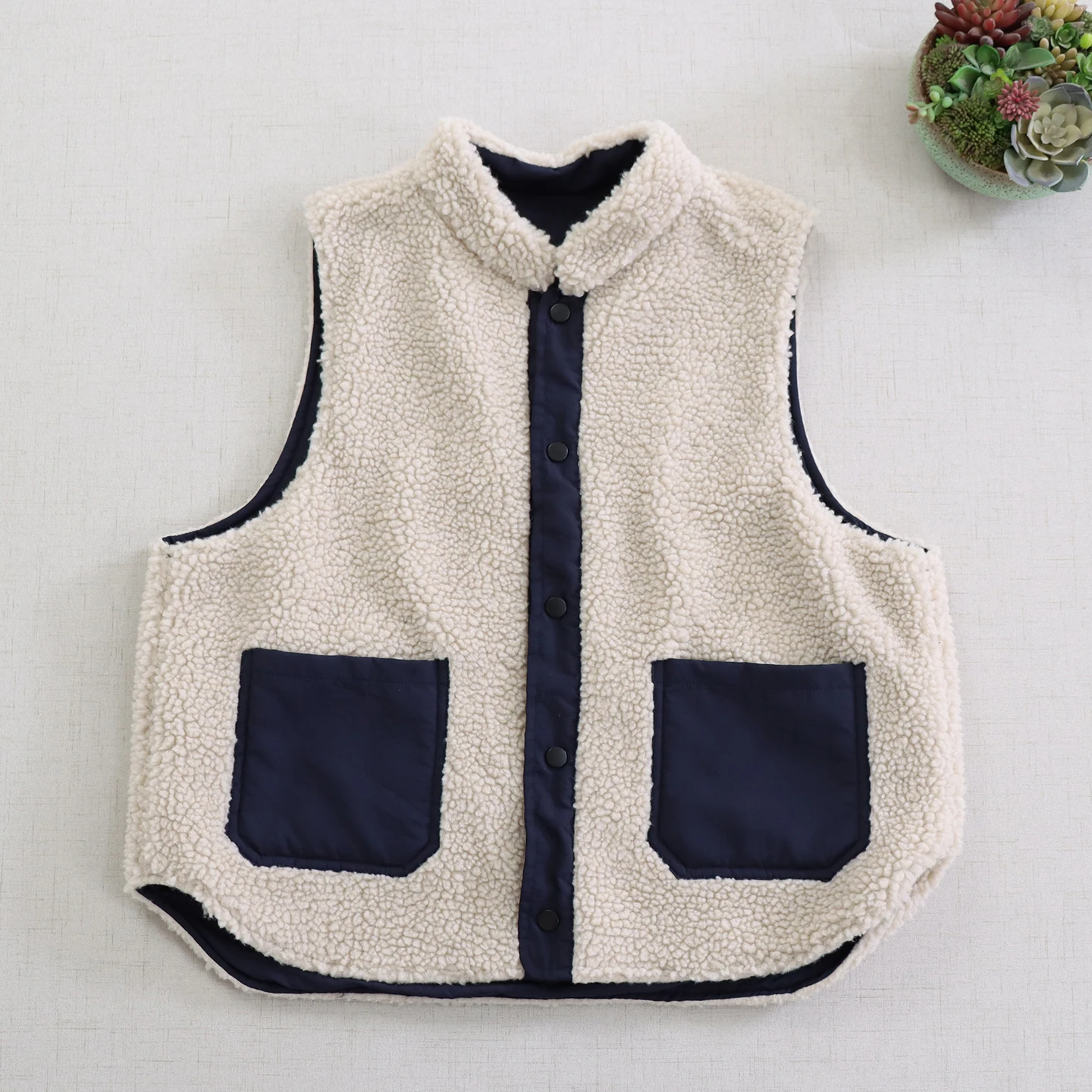 

Japanese Vintage Mori Girl Both Sides Wear Woollen Vest Outwear Women Autumn Winter Stand Collar Sleeveless Vest Coat