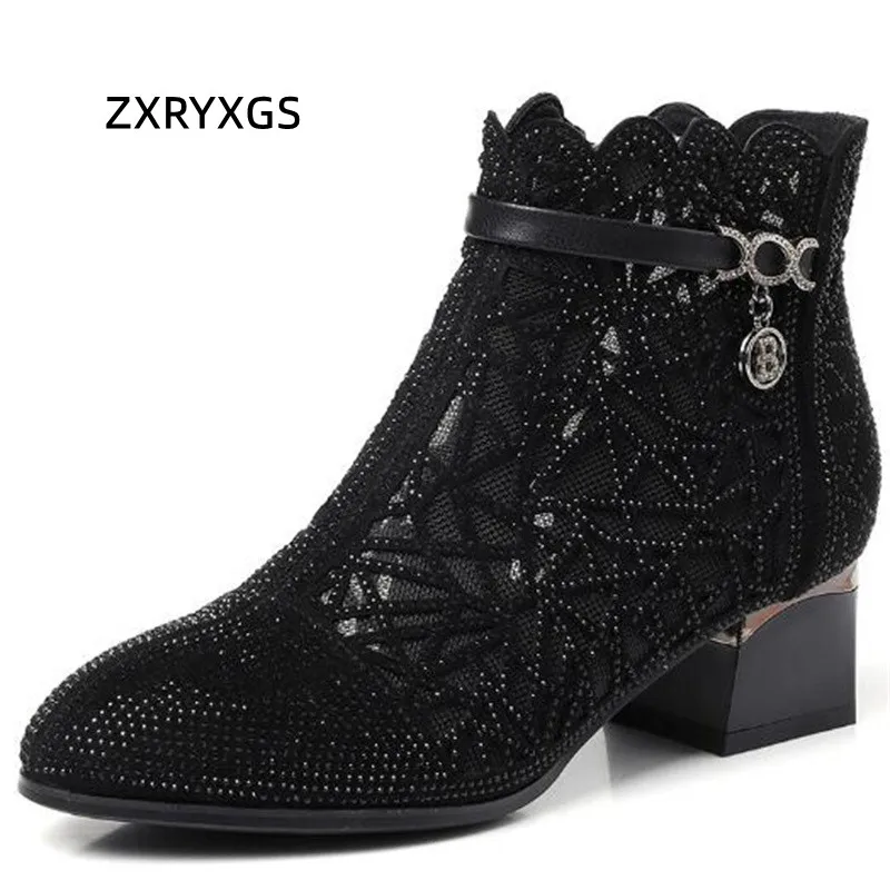 

ZXRYXGS Kid Suede Mesh Rhinestone Boots Women Fashionable Sandals Black Shoes 2023 Spring Summer Cool Boots Mid-heel Large Size