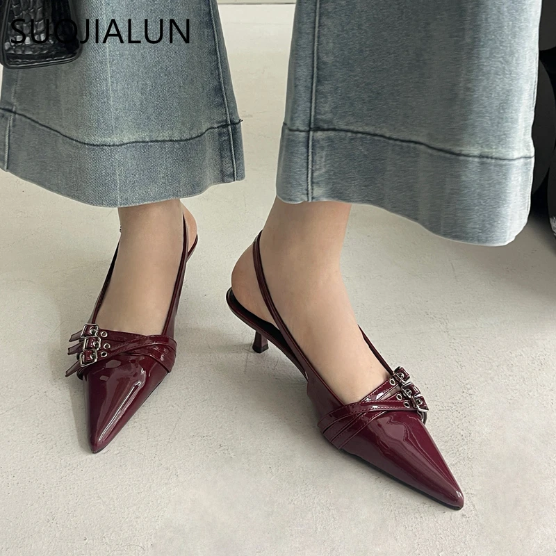 SUOJIALUN 2024 Spring New Brand Women Sandal Fashion Buckle Ladies Elegnat Pointed Toe Slip On Slingback Shoes Thin Med Heel Mul