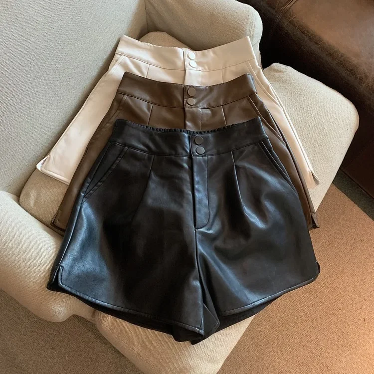 2024 New Women's High-Waisted Slimming Boots-PU Leather Casual Shorts Solid Color Petite Autumn/Winter Style