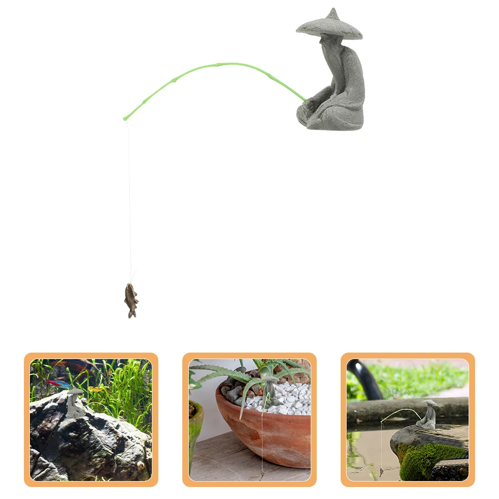 

Fishing Fisherman Statue Mini Resin Figurine Lifelike Elder Decor Aquarium Tank Ornaments Zen Garden Bonsai Sandstone