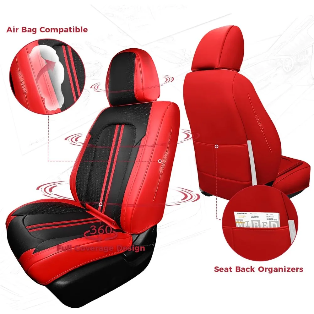 

Car Seat Covers Full Set, Black Red Waterproof Car Seat Cover, Leather Seat Covers for Trucks