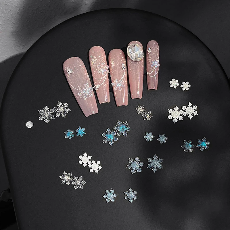 50Pcs Weihnachten Funkelnden Weißen Transparenten Schneeflocke Nagel Charms Zubehör Glitter Harz Schnee Nagel Dekoration Für Maniküre