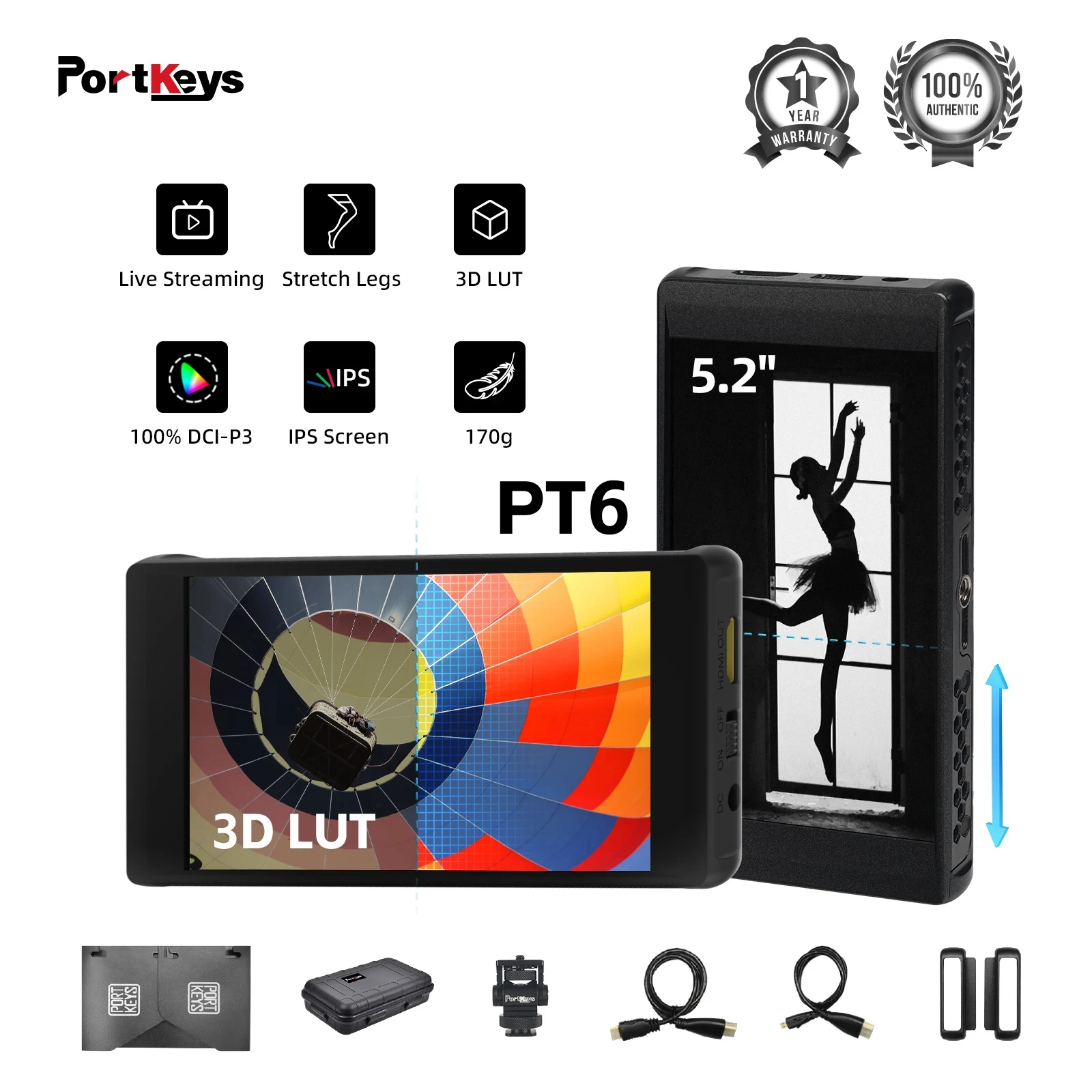 

Portkeys PT6 Live Streaming Camera Field Monitor 5.2 Inch 600nit Portable Monitor DSLR with Screen Lock Stretch Legs 3D LUT