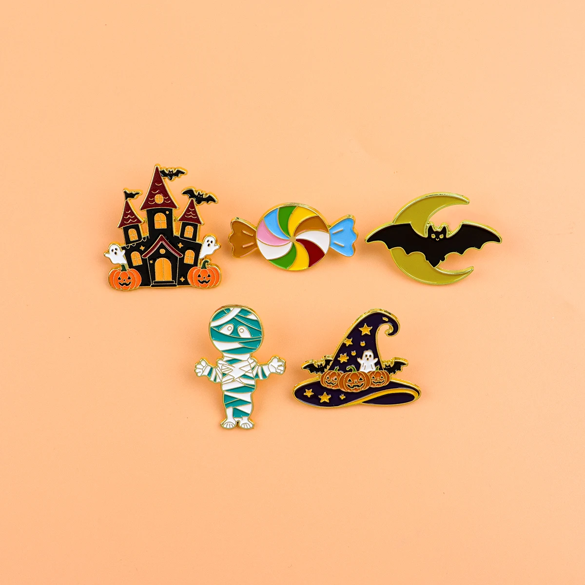 5 Stück Hexenhut-Emaille-Pins, Fledermaus-Broschen für Mäntel, Damenbroschen, Kragen- und Reversnadeln, Metallabzeichen, Schmuck, Halloween-Geschenk