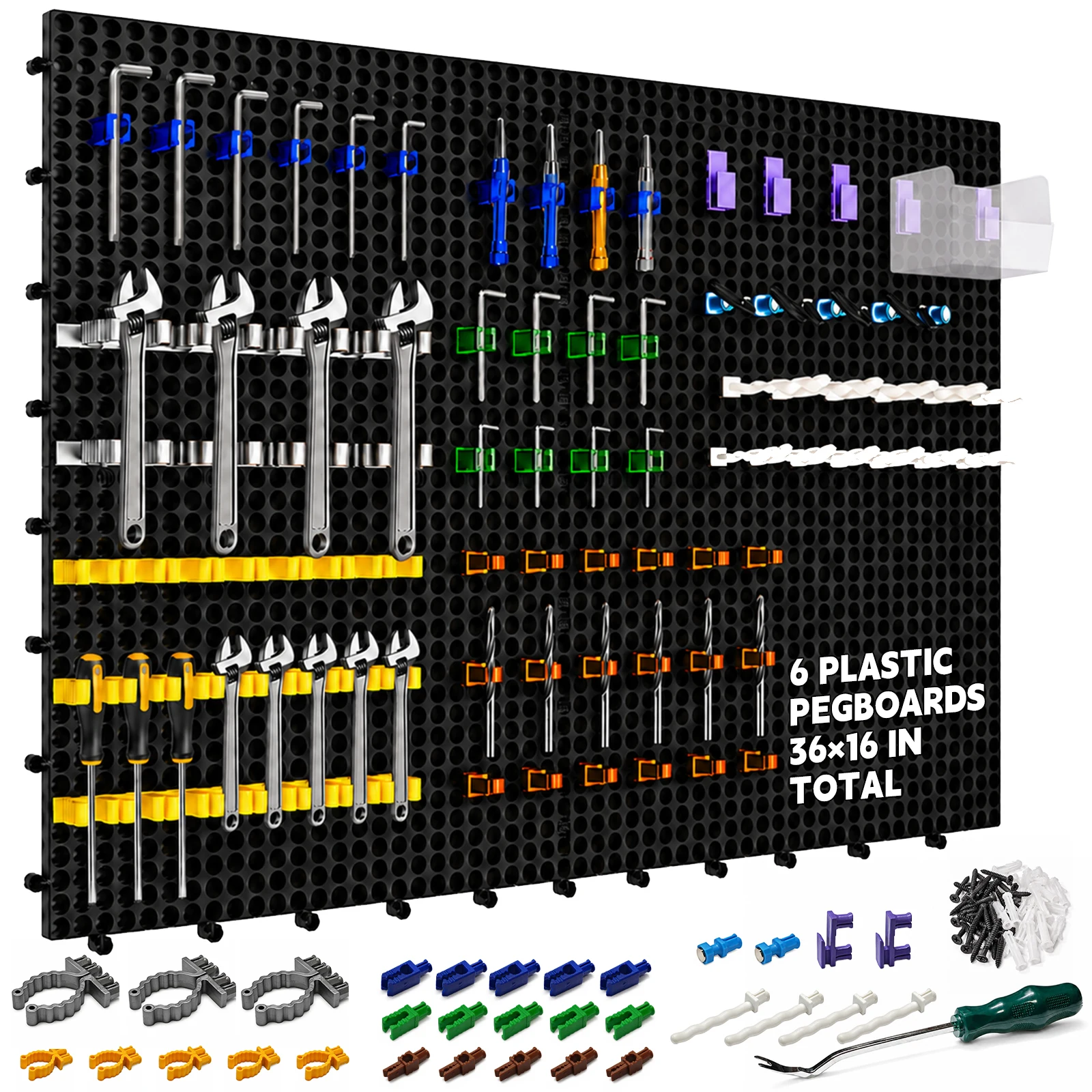 Plastic Pegboard Wall Storage Kit, 6 Panels Black 40 X 91 cm, 428 Accessories, Hooks, Clips, and Boxes, Modular Tool Storage Boa