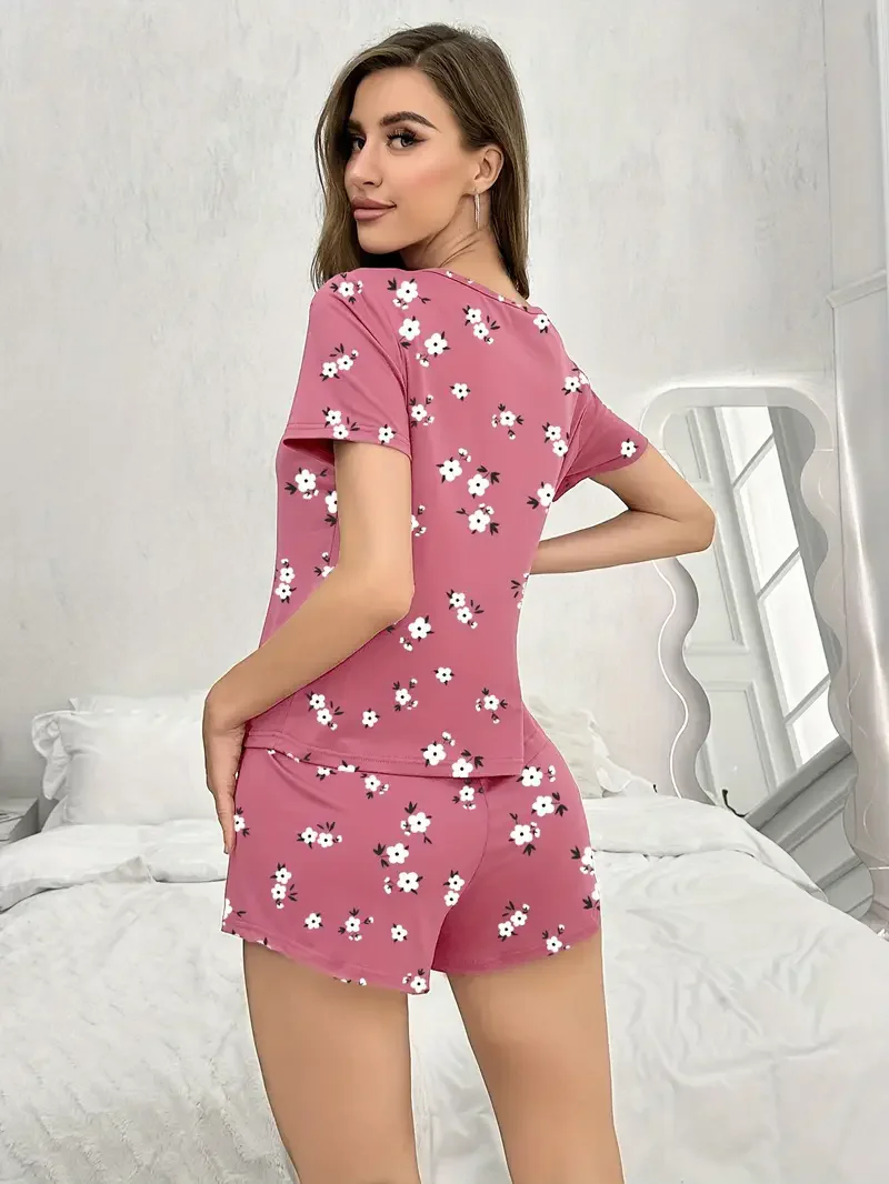 Women's Floral Print Casual Short-Sleeved Top and Shorts Set, Suitable for Daily Wear, Outings, and Home Wear in Summer