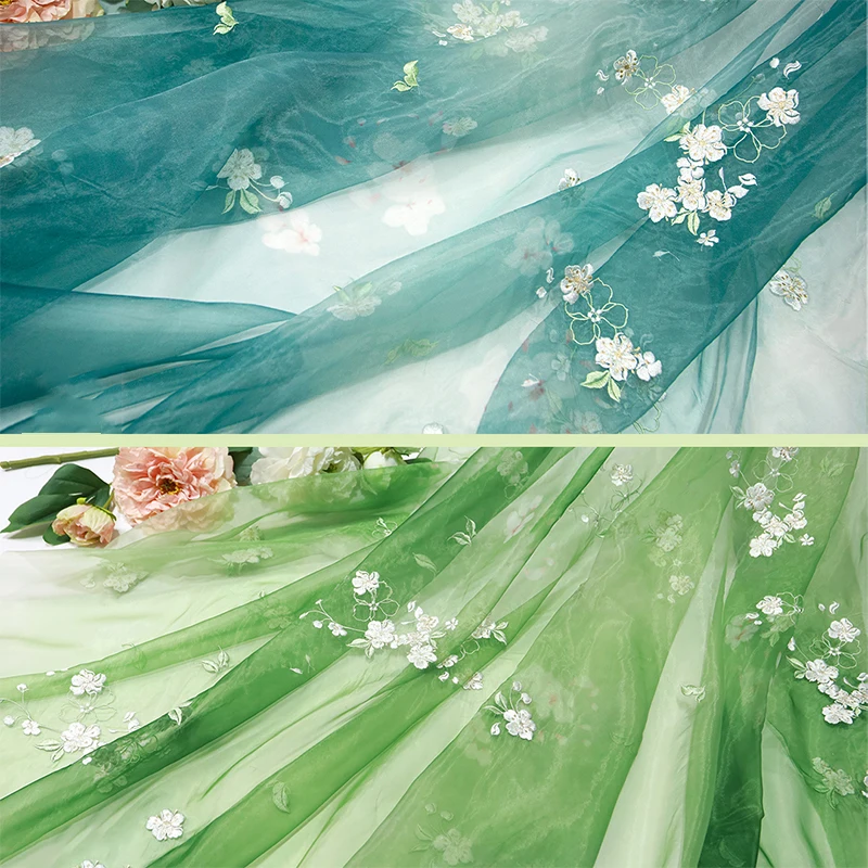 

Small Pear Flower Embroidery Green Blue Tulle Fabric Chinese Style Chiffon Fabric For Diy Sewing Dress Hanfu Shirts Doll Cloth
