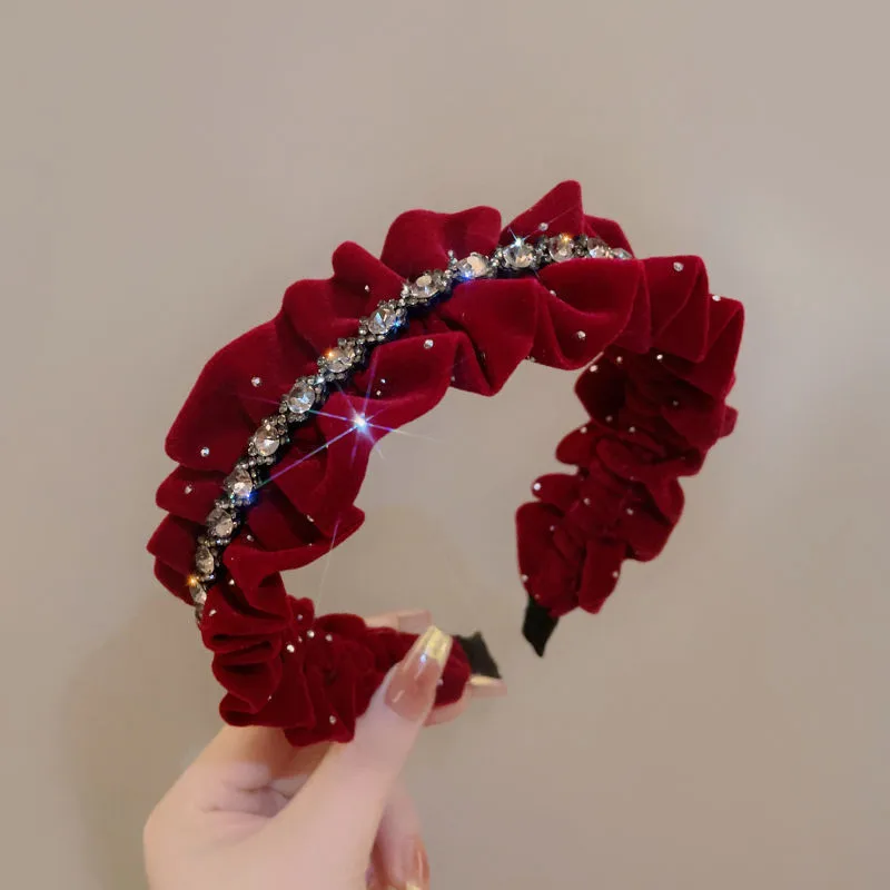 French Elegant Rhinestone Pleated Gold Velvet Headband with A High-end Feel and Temperament Water Drill Headband image 4