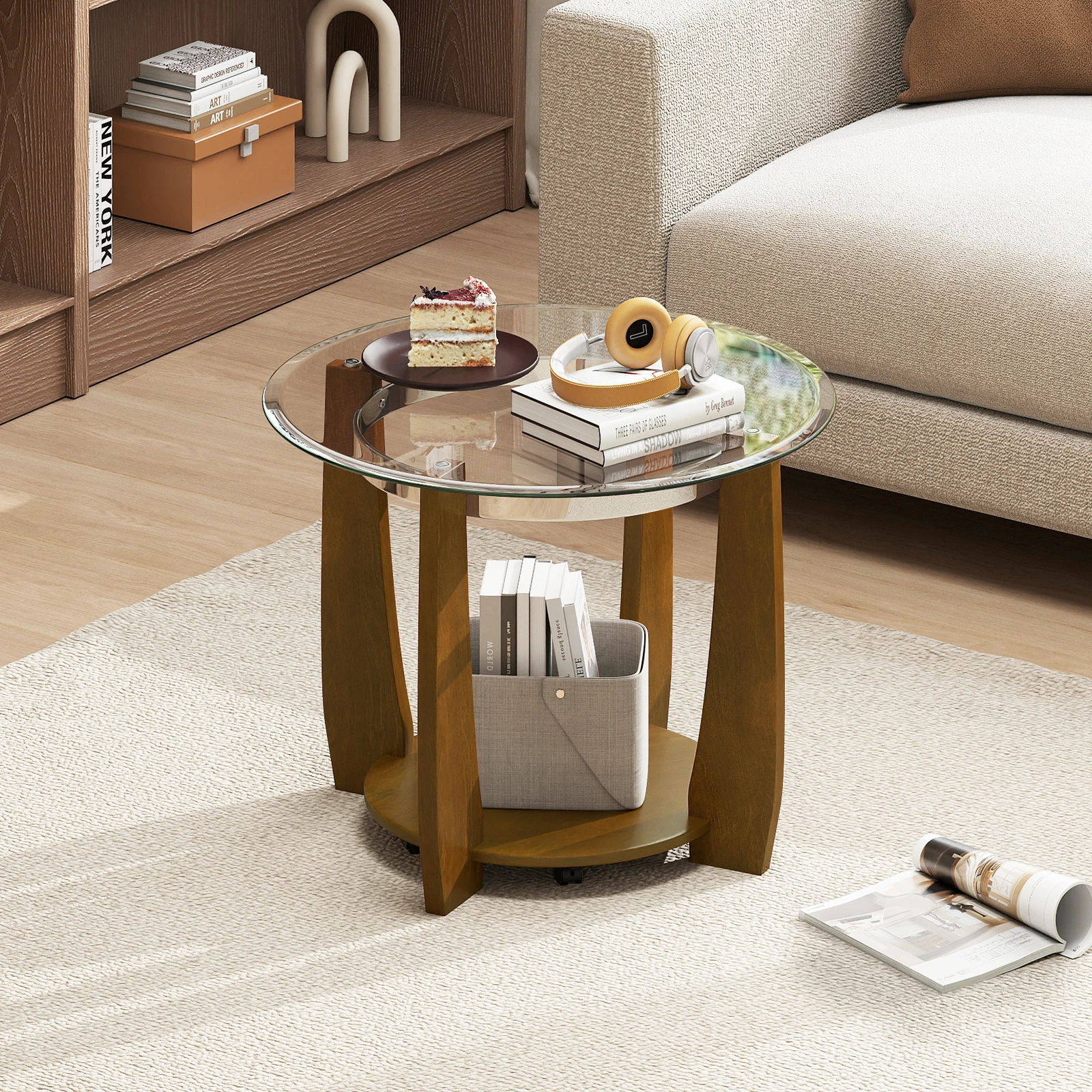 

32" 2-Tier Glass Round Coffee Table with Storage Shelf-Walnut