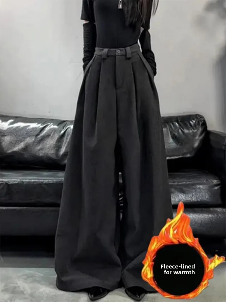 Damskie spodnie z szerokimi nogawkami, ocieplane, z wysokim stanem, o prostym kroju, do ziemi, codzienne, w stylu koreańskim, do pracy.