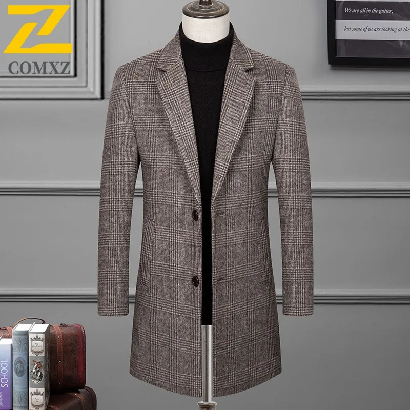 

COMXZ 2025 Men Wool Coat Long Trench Middle Aged Business Thick Tweed Jacket Autumn Winter Fashion sport lightweight windbreaker