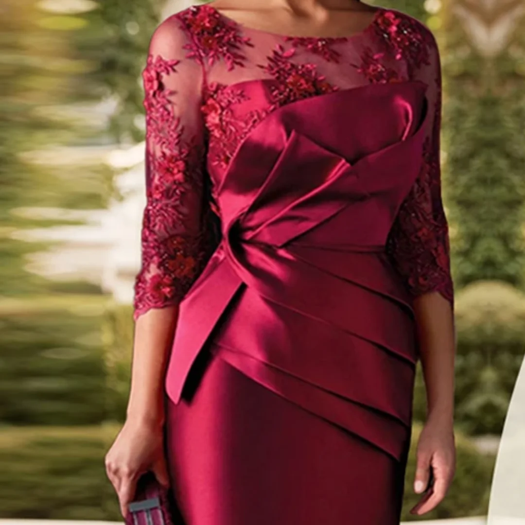 فستان أم العروس مزين بالدانتيل الحديث بطول الركبة نصف كم غمد وسحاب رداء Invitée Mariage مخصص