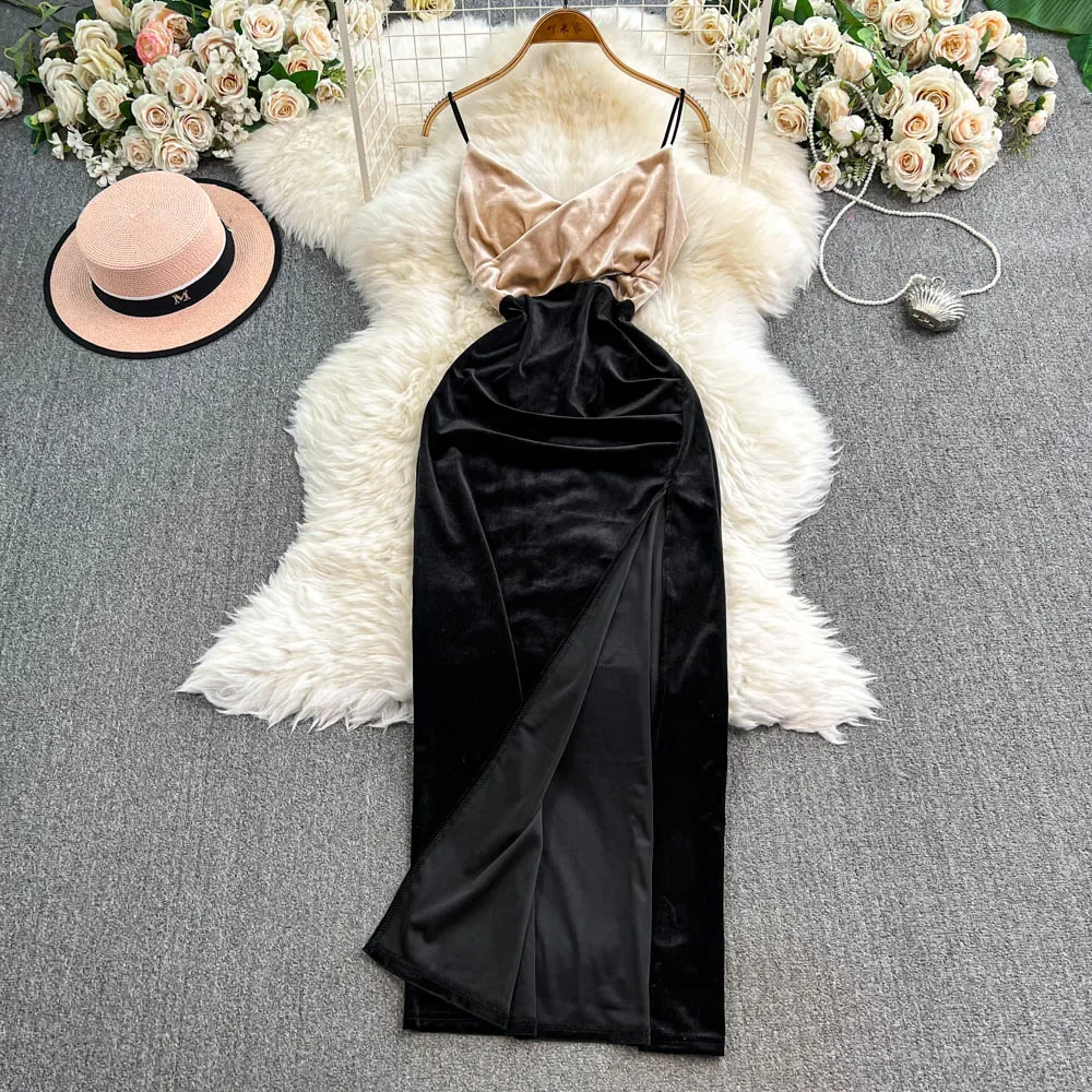 Sexy Elegant V-neck Sleeveless Hotsweet Split Velvet Slim Straps Pencil Long Dress Streetwear High Street Autumn Winter Clothing