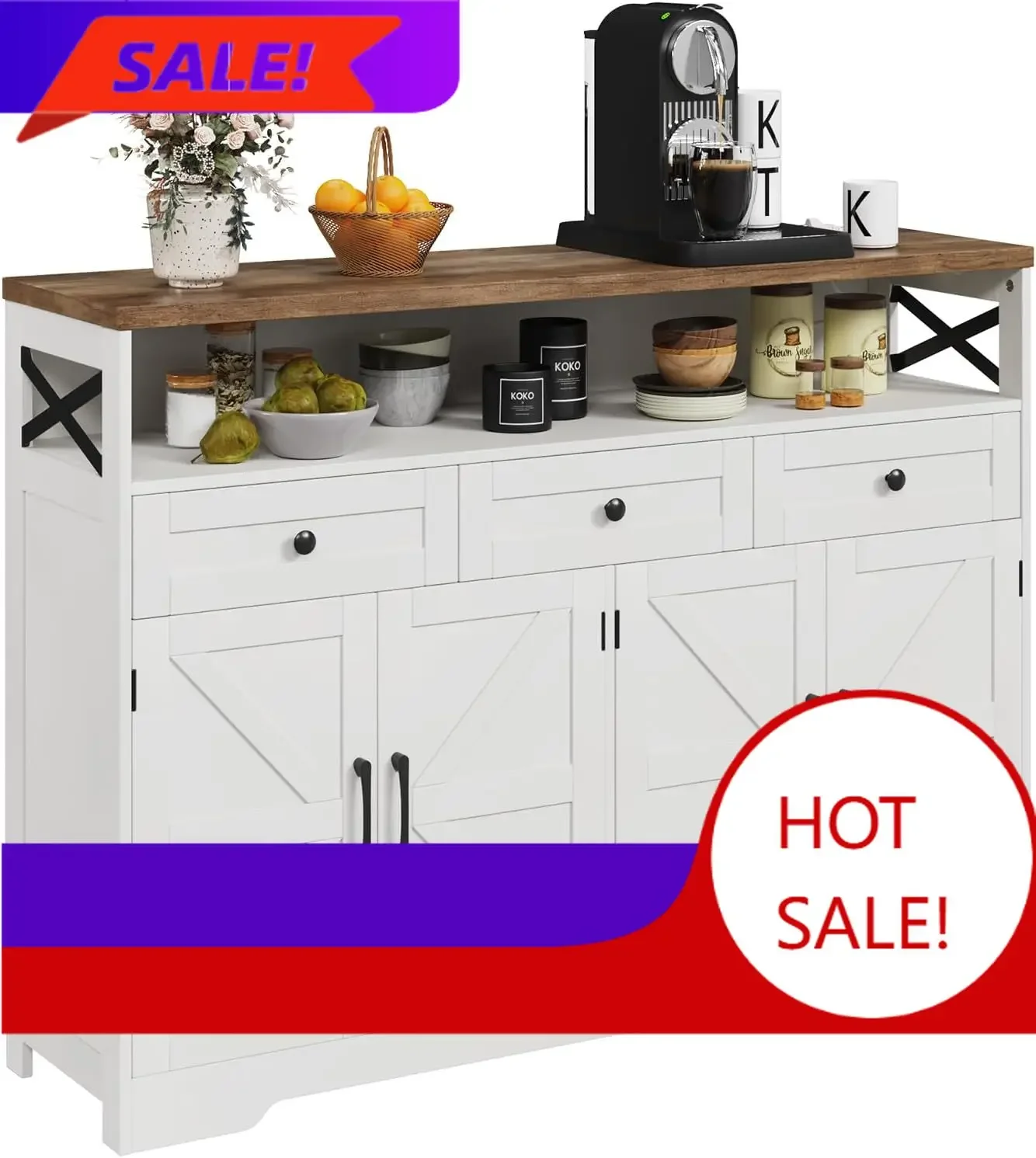 BestsellerBestsellerFarmhouse Buffet Cabinet with Drawers Open Shelf, Sideboard Storat, Kitchen Hutch Pantry, Wood Coffee Bar S