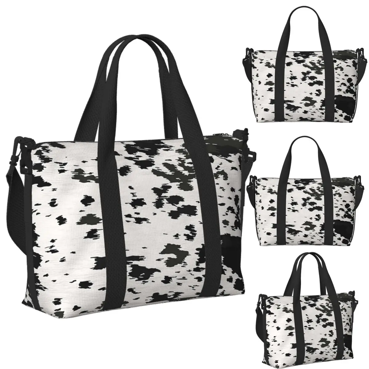 

Custom Cow Hide Black And White (4) Beach Travel Bag Large Capacity Tote Bags for Gym Yoga Women Shopping Duffle Shoulder Bag
