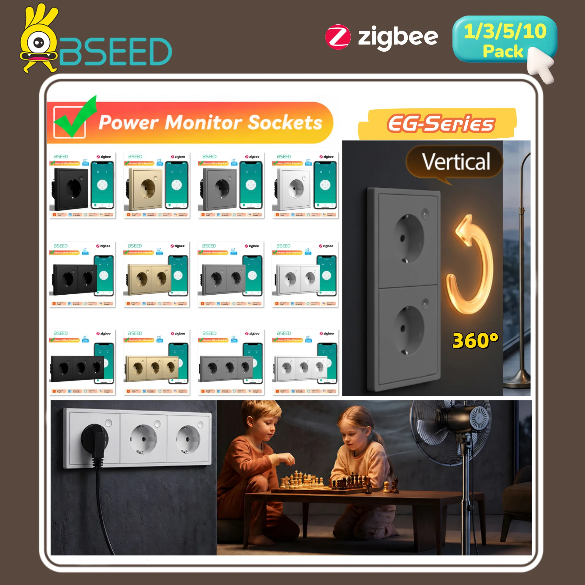 BSEED Single Zigbee Sockets Dual Smart Power Monitor Sockets Tuya Smart Life APP Control Plastic Smart Triple Sockets EG-Series