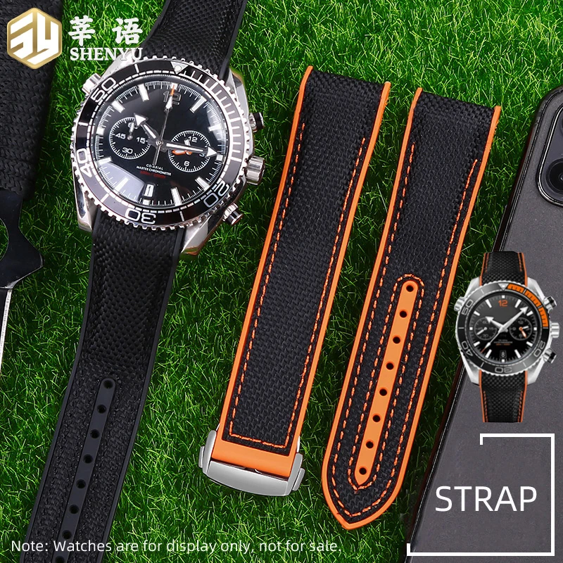 Image of Neues Armband, 20 mm, 22 mm, schwarz, blau, orange, rot, Stoff, Nylon, Gummi, Herren-Uhrenarmband, wasserdichtes Uhrenarmband für Omega Seamaster 300 Ocean