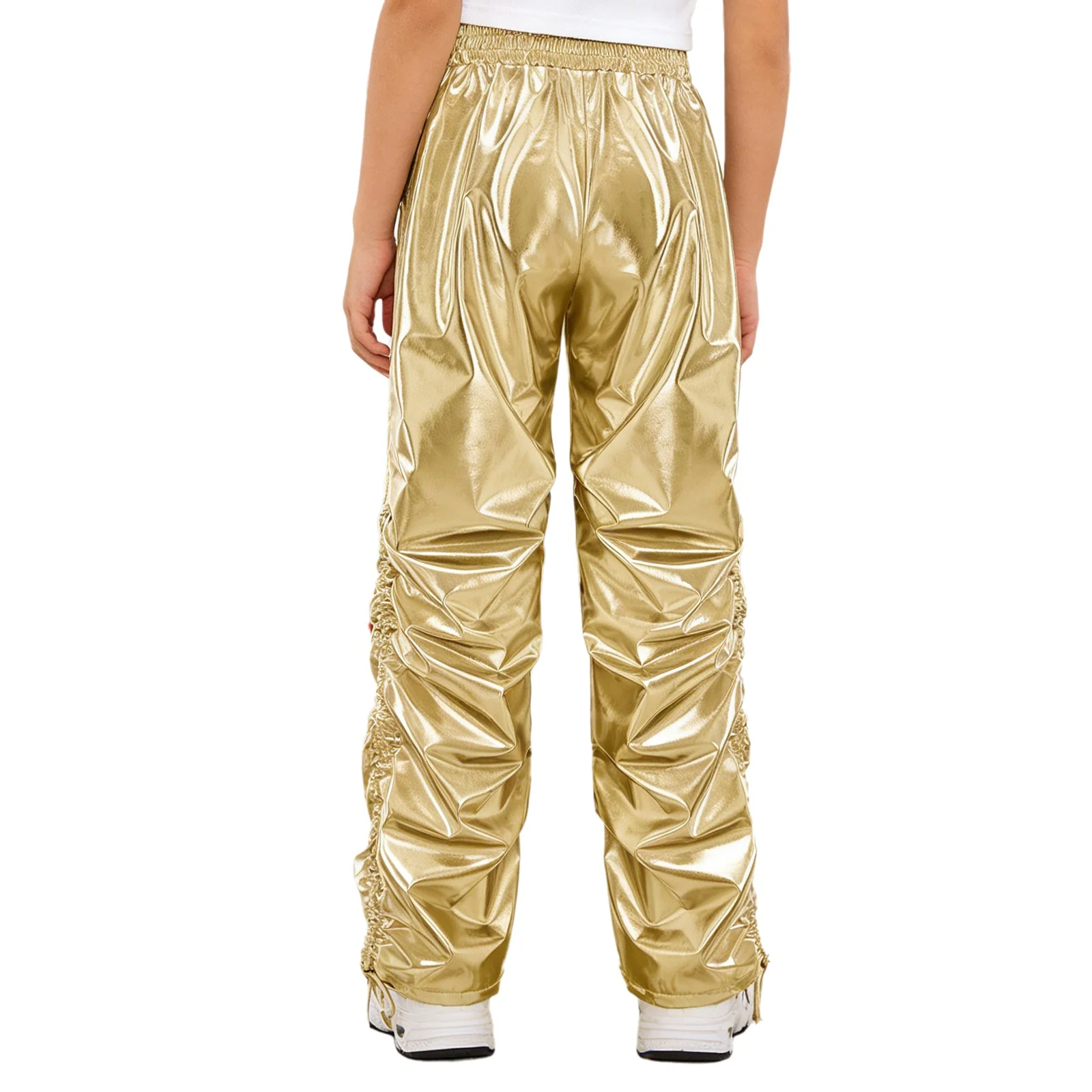 Kids Boys Girls Hip-hop Jazz Dance Metallic Pants Elastic Waistband Ruched Straight-leg Trousers with Pockets Stage Streetwear