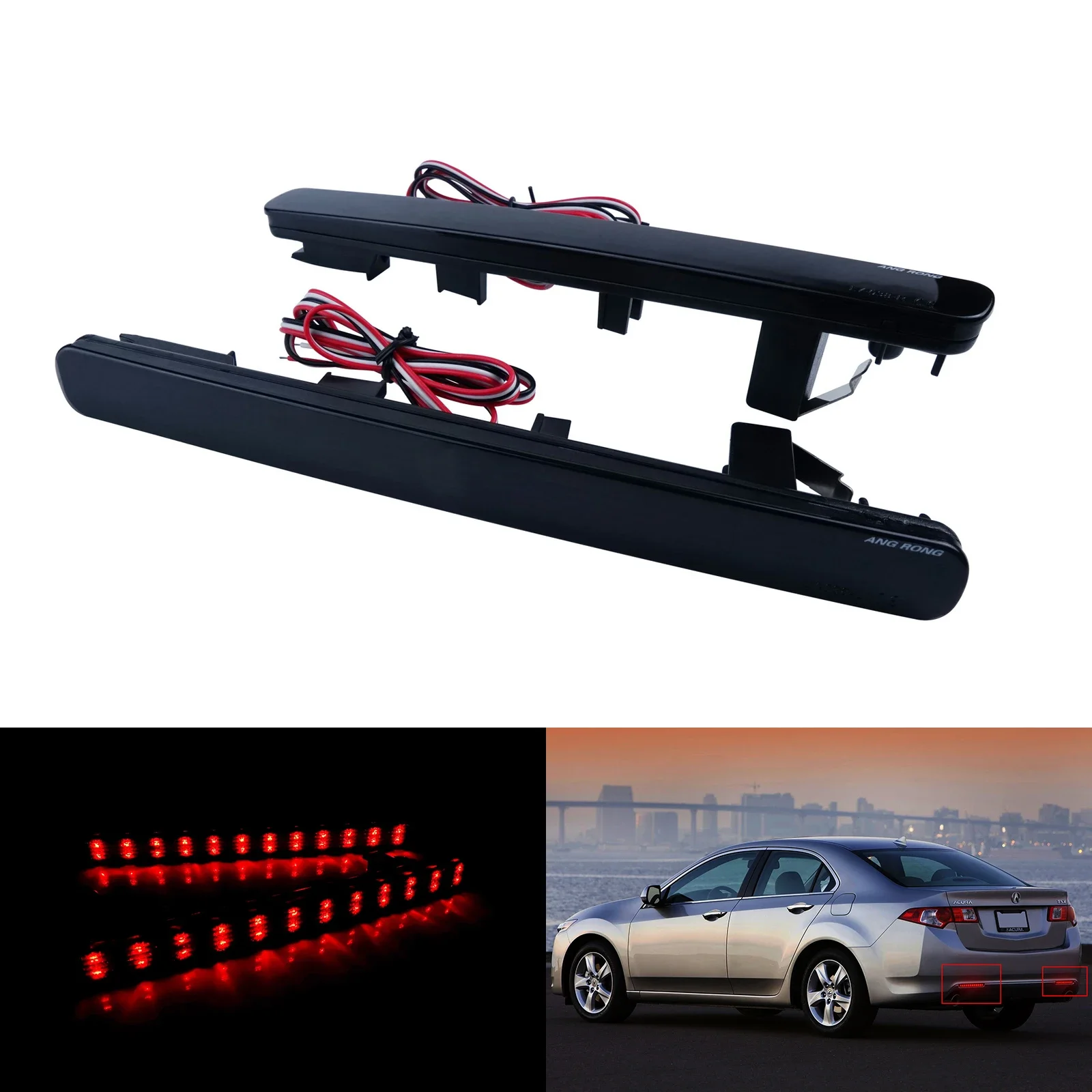 ANGRONG 2X For Acura TSX Sedan 09-14 Black Lens Bumper Reflector LED Tail Stop Brake Lights