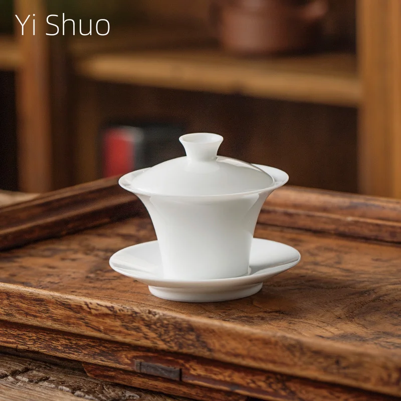 White Ceramic Lidded Bowl Single Kombucha Bowl with Cover Sancai Tea Cup Dehua Ceramic Gaiwan Sweet White Bubble Tea Bowl