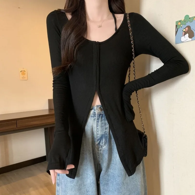 Large Size Autumn and Winter New Style Design Slit Long-sleeved T-shirt for Women Slim Fit Slim Bottom Shirt Top