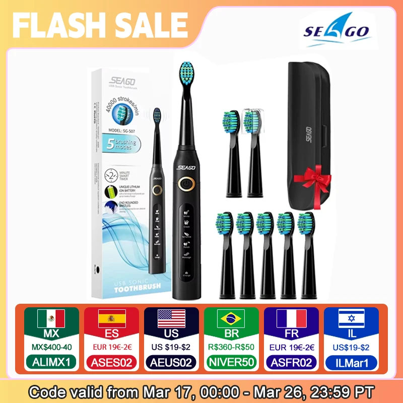 Seago Sonic Electric Toothbrush SG-507 for Adult Timer Brush 5 Modes Micro USB Rechargeable Tooth Brush Replacement Heads Set