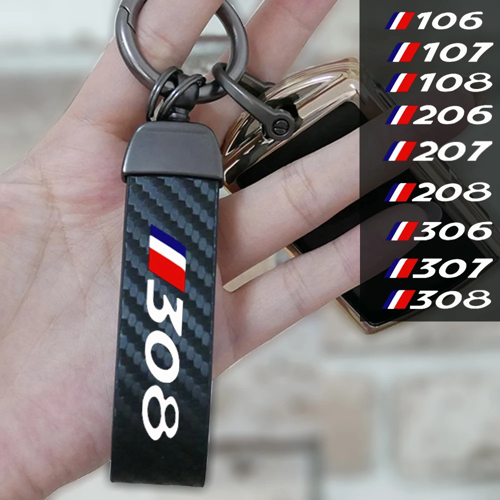 Carbon fiber Keychain Car Logo Key Ring Car Styling for Peugeot 106 107 108 206 207 208 306 307 308 Car Key Ring Holder